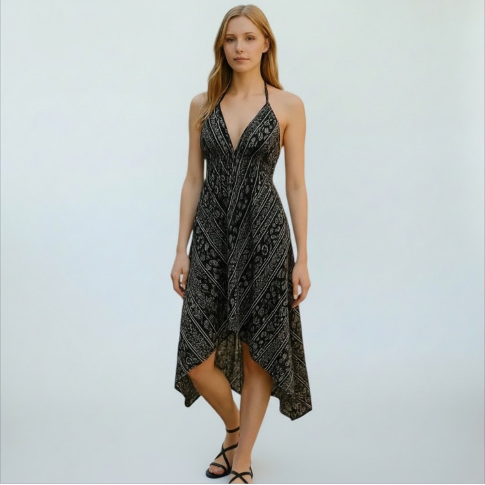 3/$29 Elan Shark Bite Black White Coastal Chic Surf Halter Dress One Size